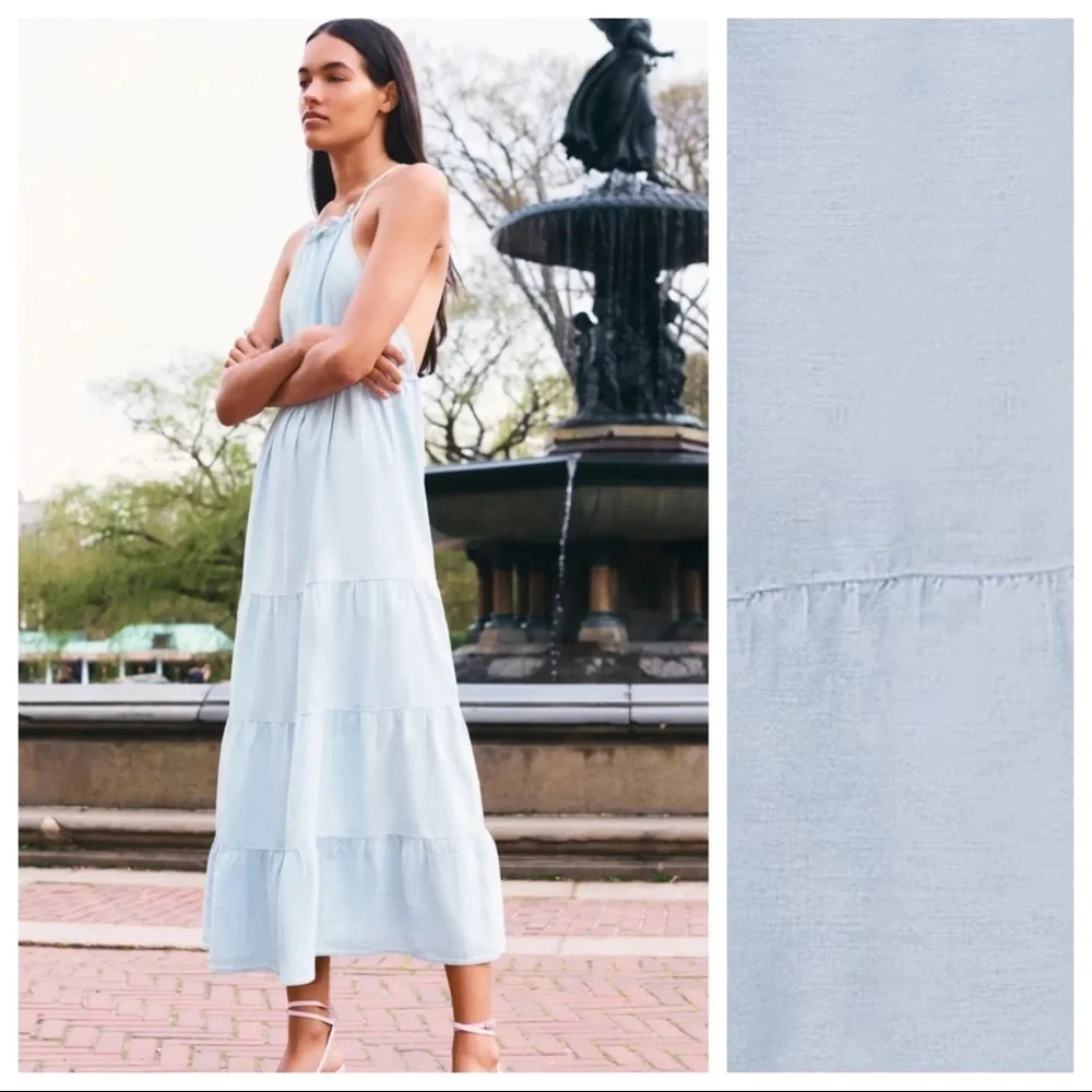 NWT. Zara Light Blue Linen Blend Midi Dress. Size L. - Picture 2 of 8